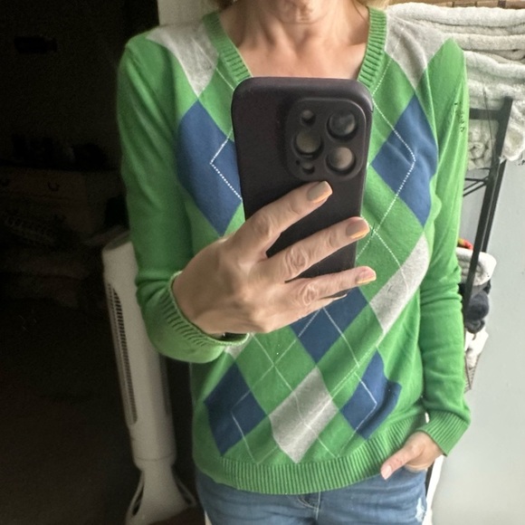 Izod V Neck Argyle Sweater Green Long Sleeve 100% Cotton Size Medium - Picture 7 of 9